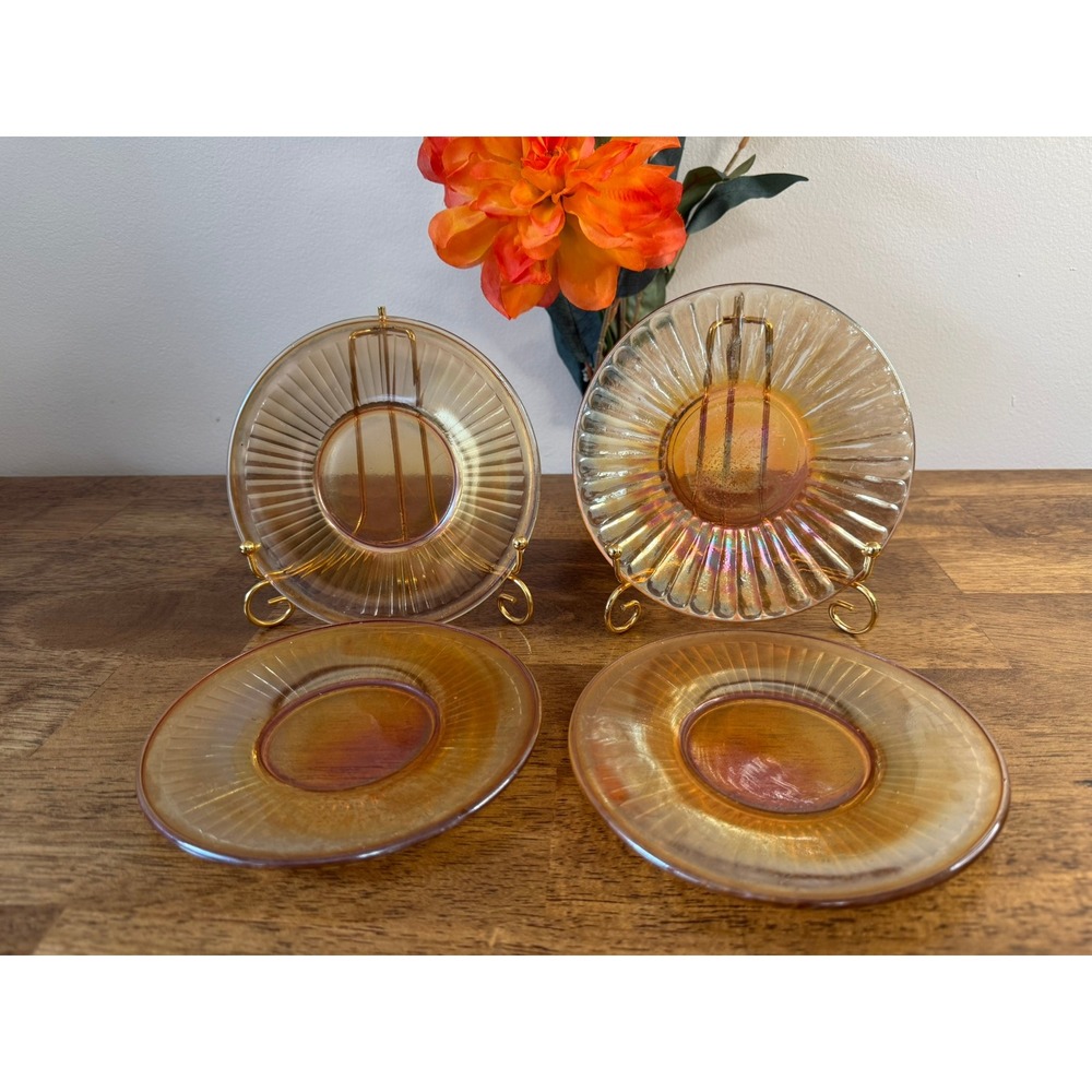 Vintage Marigold Carnival Glass Plates Set of 4 Ribbed Iridescent Glass